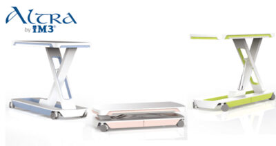 Altra undersøkelsesbord fra iM3 i blå, rosa og grønn